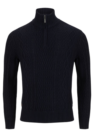 Aran 1/4 Zip Navy Knitwear By 6th Sense